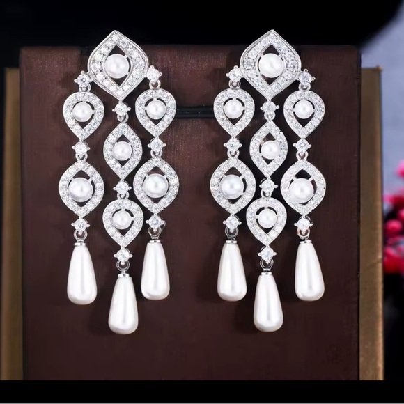Elegant Cubic Zirconia Pearl Drop Statement Earrings Perfect for Special Occasio - Picture 12 of 12